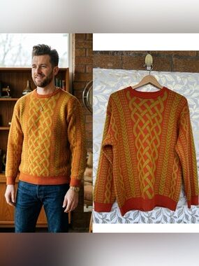 Iggy Men’s Slim Fit Celtic Cable Sweater L Orange Green Goblincore Vintage vibe
